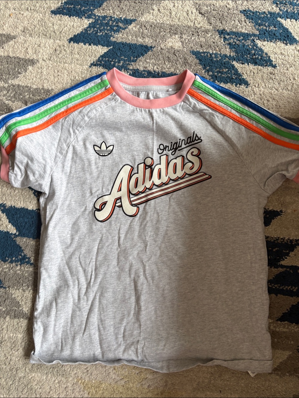 adidas Heather Gray Tee with Pink Neck and Multicolor Shoulder Stripes